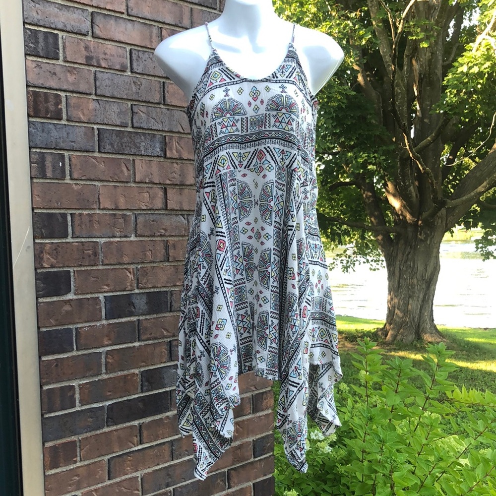 Boho White Handkerchief Hem Dress with Multicolor Print